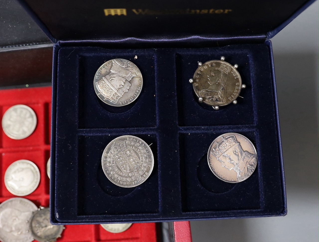 Silver and other coins including two cased Elizabeth and Philip silver jubilee crowns, two Victoria mounted half crowns, florins, shillings, modern commemorative coins etc.